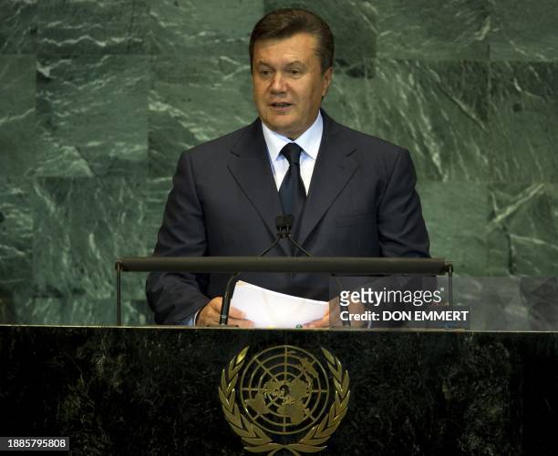 President of Ukraine Viktor Yanukovych delivers his address September 23, 2010 during the 65th session of the General Assembly at the United Nations...