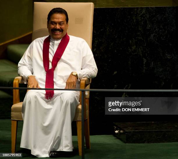President of Sri Lanka Mahinda Rajapaksa waits to deliver his address September 23, 2010 during the 65th session of the General Assembly at the...