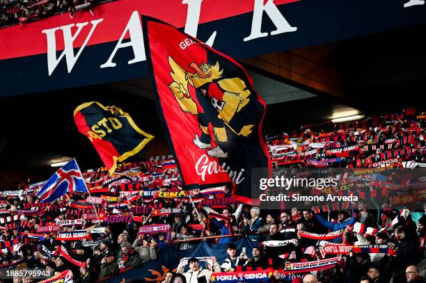 Fans of Genoa wave their flags and scarves prior to kick-off in the Serie A TIM match between Genoa CFC and FC Internazionale at Stadio Luigi...