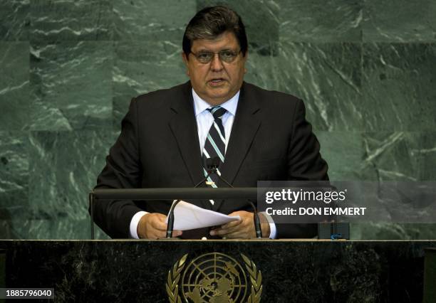 President of Peru Alan García Pérez delivers his address September 23, 2010 during the 65th session of the General Assembly at the United Nations in...