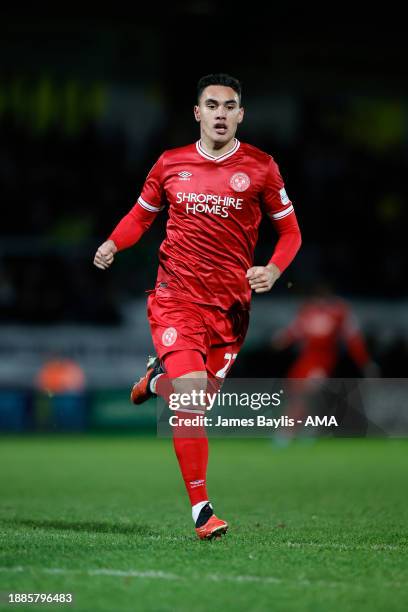 Max Mata of Shrewsbury Town during the Sky Bet League One match between Burton Albion and Shrewsbury Town at Pirelli Stadium on December 29, 2023 in...