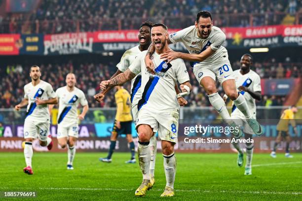 Marko Arnautovic of Inter celebrates with his team-mates after scoring a goal during the Serie A TIM match between Genoa CFC and FC Internazionale at...