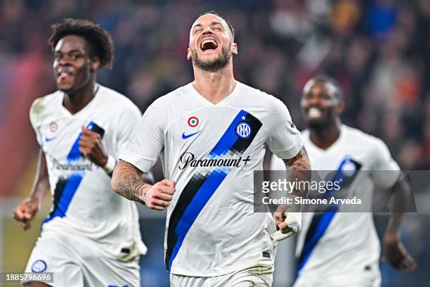 Marko Arnautovic of Inter celebrates with his team-mates Yann Bisseck and Marcus Thuram after scoring a goal during the Serie A TIM match between...