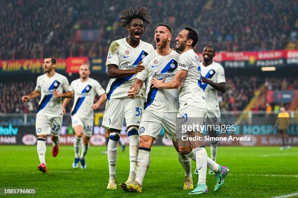 Marko Arnautovic of Inter celebrates with his team-mates after scoring a goal during the Serie A TIM match between Genoa CFC and FC Internazionale at...