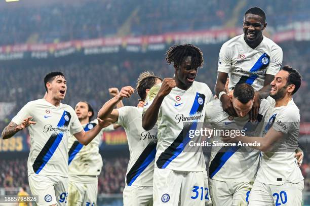 Marko Arnautovic of Inter celebrates with his team-mates after scoring a goal during the Serie A TIM match between Genoa CFC and FC Internazionale at...