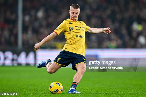 Albert Gudmundsson of Genoa kicks the ball during the Serie A TIM match between Genoa CFC and FC Internazionale at Stadio Luigi Ferraris on December...