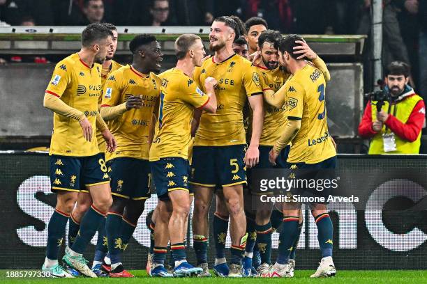 Radu Dragusin of Genoa celebrates with his team-mates after scoring a goal during the Serie A TIM match between Genoa CFC and FC Internazionale at...