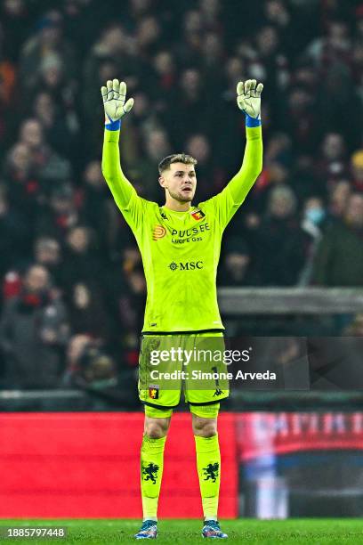 Josep Martinez of Genoa reacts during the Serie A TIM match between Genoa CFC and FC Internazionale at Stadio Luigi Ferraris on December 29, 2023 in...