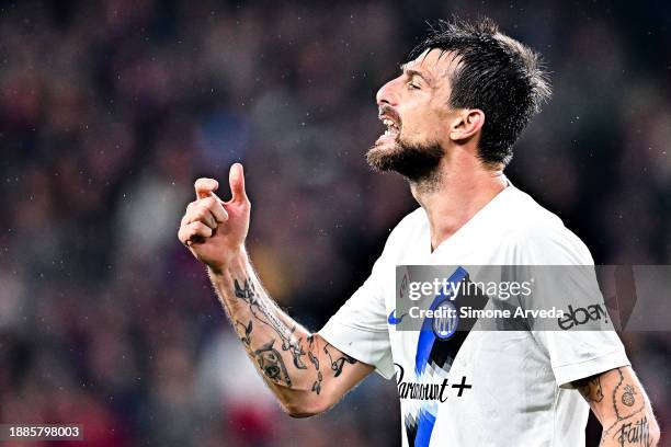 Francesco Acerbi of Inter reacts during the Serie A TIM match between Genoa CFC and FC Internazionale at Stadio Luigi Ferraris on December 29, 2023...