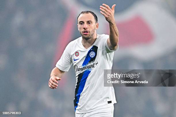 Carlos Augusto of Inter reacts during the Serie A TIM match between Genoa CFC and FC Internazionale at Stadio Luigi Ferraris on December 29, 2023 in...