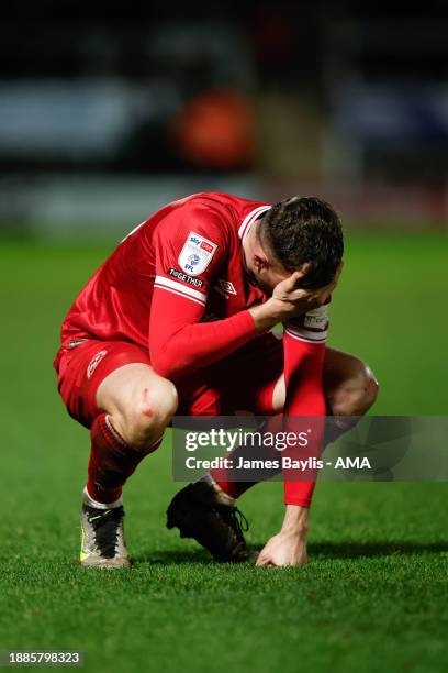 Jordan Shipley of Shrewsbury Town after losing the 1-0 game during the Sky Bet League One match between Burton Albion and Shrewsbury Town at Pirelli...