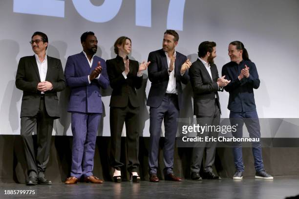Hiroyuki Sanada, Ariyon Bakare, Rebecca Ferguson, Ryan Reynolds, Jake Gyllenhaal and Director Daniel Espinosa seen at Columbia Pictures World...