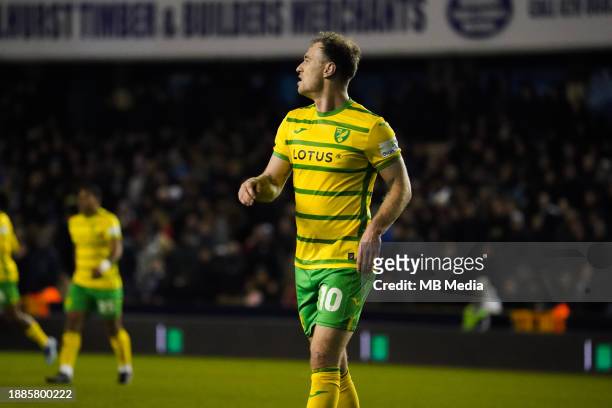 Ashley Barnes of Norwich City during the Sky Bet Championship match between Millwall and Norwich City at The Den on December 29, 2023 in London,...