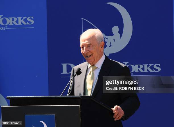 Israeli Pesident Shimon Peres speaks during his visit to DreamWorks Animation in Glendale, California, on March 9, 2012. The Israeli statesman...