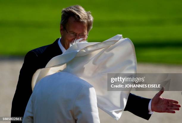 German-born Pope Benedict XVI is welcomed by German President Christian Wulff on September 22, 2011 at Bellevue Palace in Berlin, on the first day of...