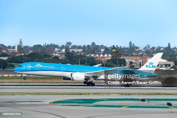 Royal Dutch Airlines Boeing 787-10 Dreamliner arrives at Los Angeles International Airport on December 29, 2023 in Los Angeles, California.