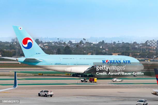 Korean Air Airbus A380-861 prepares for takeoff at Los Angeles International Airport on December 29, 2023 in Los Angeles, California.