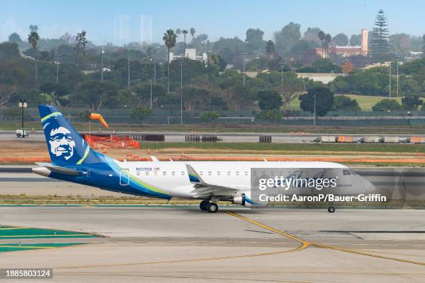 Alaska Airlines Embraer ERJ-175LR prepares for takeoff at Los Angeles International Airport on December 29, 2023 in Los Angeles, California.