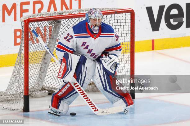 Goaltender Jonathan Quick of the New York Rangers warms up prior to the game against the Florida Panthers at the Amerant Bank Arena on December 29,...