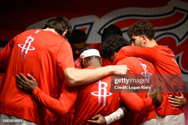 The Houston Rockets huddle before the game against the Philadelphia 76ers on December 29, 2023 at the Toyota Center in Houston, Texas. NOTE TO USER:...