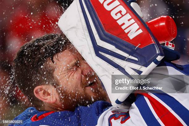 Goaltender Jonathan Quick of the New York Rangers cools off during a break in the action against the Florida Panthers at the Amerant Bank Arena on...