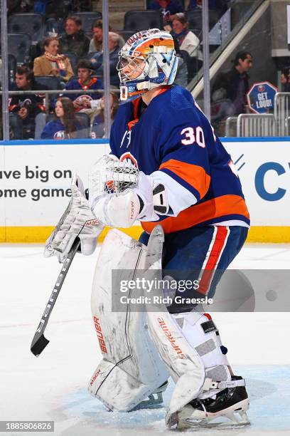 Ilya Sorokin of the New York Islanders defends his net during the third period of the game against the Washington Capitals on December 29, 2023 at...
