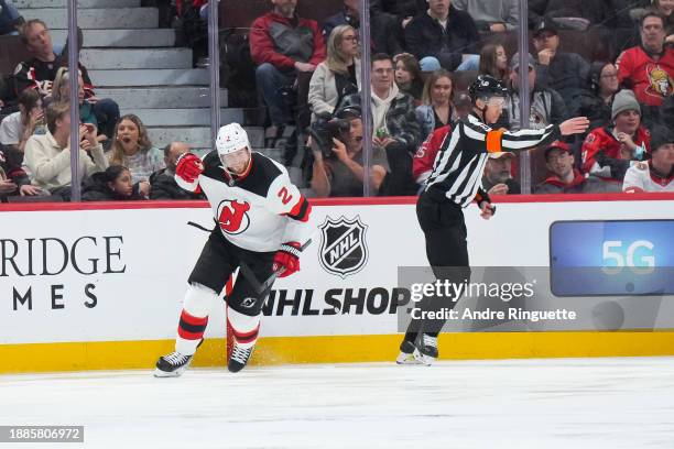 Brendan Smith of the New Jersey Devils celebrates his third period goal against the Ottawa Senators at Canadian Tire Centre on December 29, 2023 in...