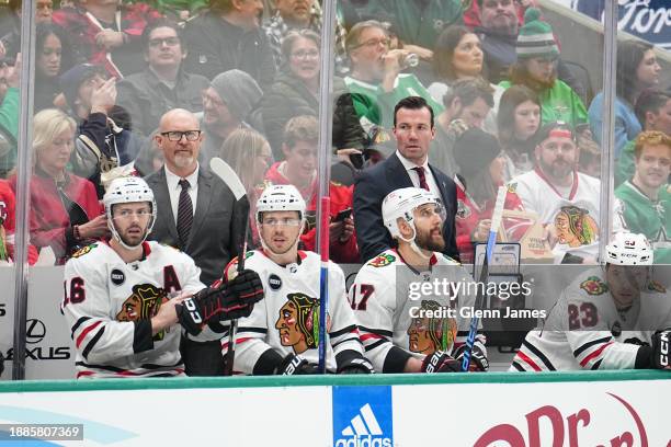 Luke Richardson watches the action from behind the bench against the Dallas Stars at the American Airlines Center on December 29, 2023 in Dallas,...