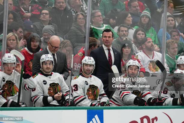 Luke Richardson watches the action from behind the bench against the Dallas Stars at the American Airlines Center on December 29, 2023 in Dallas,...