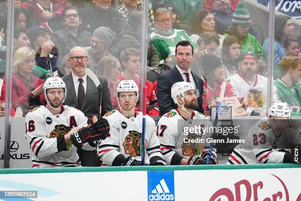 Luke Richardson watches the action from behind the bench against the Dallas Stars at the American Airlines Center on December 29, 2023 in Dallas,...