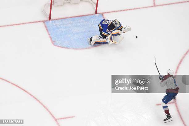 Jordan Binnington of the St. Louis Blues makes a save on a penalty shot by Cale Makar of the Colorado Avalanche on December 29, 2023 at the...