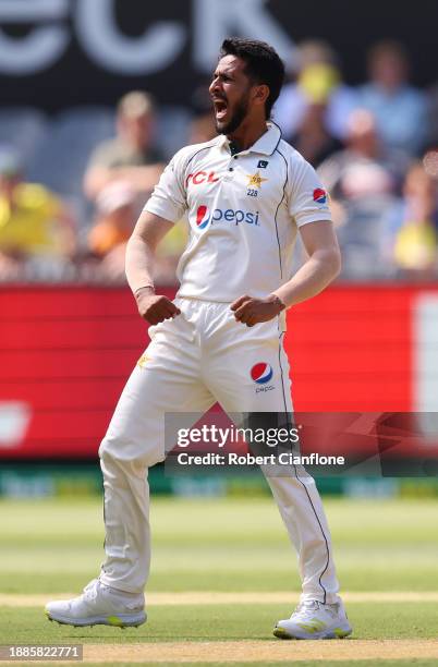 Hasan Ali of Pakistan appeals successfully for the wicket of Mitchell Marsh of Australia before a DRS review overturned the decision during day two...