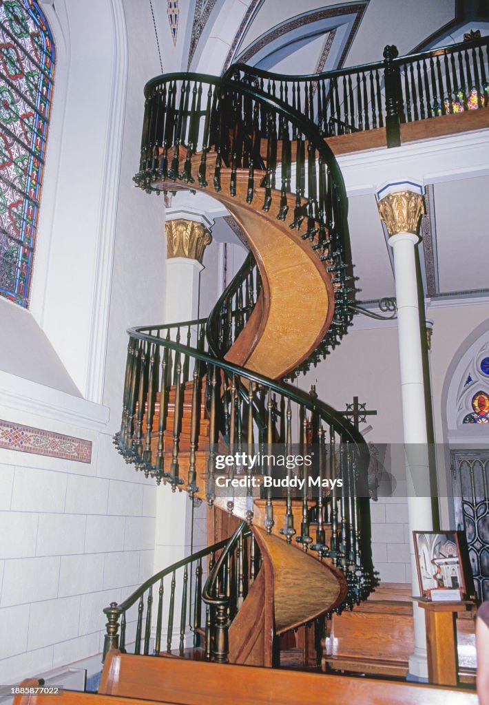 A view of the Miraculous Staircase, a wooden circular staircase said ...