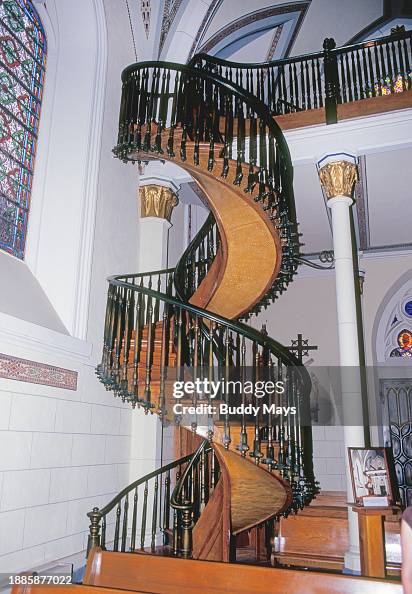 A view of the Miraculous Staircase, a wooden circular staircase said ...