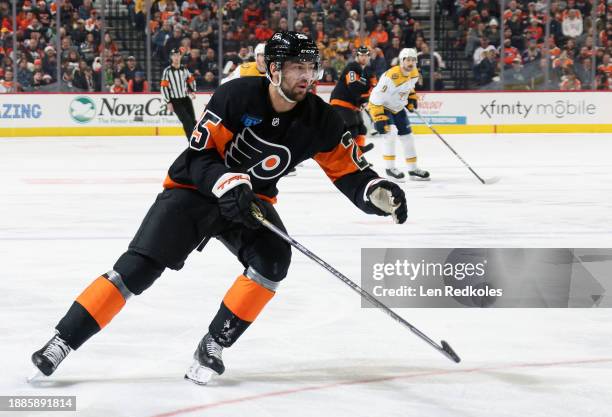 Ryan Poehling of the Philadelphia Flyers skates against the Nashville Predators at the Wells Fargo Center on December 21, 2023 in Philadelphia,...