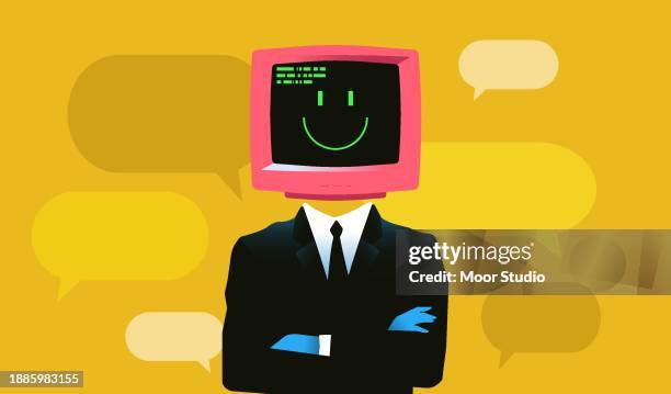 ilustraciones, imágenes clip art, dibujos animados e iconos de stock de chatbot con ilustración vectorial de cabeza de monitor rerto - ejecutiva