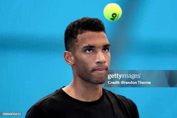 Felix Auger Aliassime of Canada practises on-court ahead of the 2024 United Cup at Ken Rosewall Arena on December 27, 2023 in Sydney, Australia.