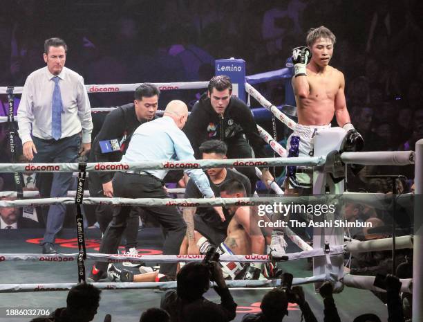 Naoya Inoue of Japan knocks out Marlon Tapales of the Philippines in the 10th round during the IBF, WBO, WBA and WBC Super Bantamweight unification...