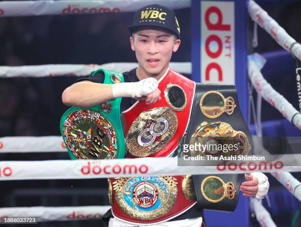 Naoya Inoue of Japan celebrates the victory over Marlon Tapales of the Philippines during the IBF, WBO, WBA and WBC Super Bantamweight unification...