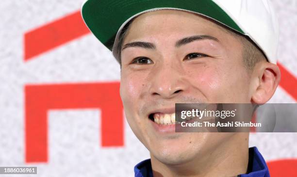 Naoya Inoue of Japan attends a press conference after the victory over Marlon Tapales of the Philippines during the IBF, WBO, WBA and WBC Super...