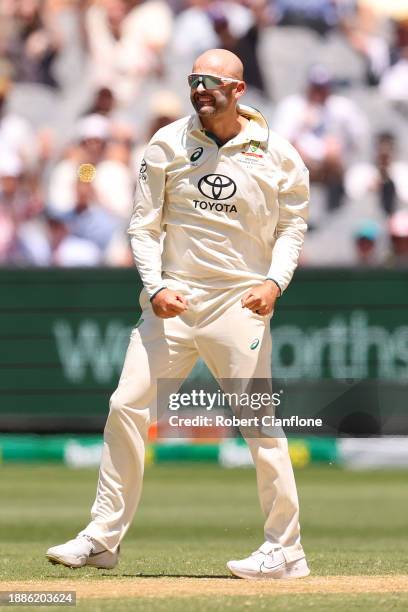Nathan Lyon of Australia celebrates after dismissing Imam-ul-Haq of Pakistan during day two of the Second Test Match between Australia and Pakistan...