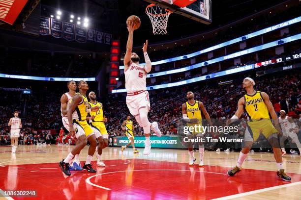 Fred VanVleet of the Houston Rockets goes up for a shot in the second half against the Indiana Pacers at Toyota Center on December 26, 2023 in...