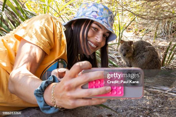 Ajla Tomljanovic of Team Australia takes a selfie with a Quokka on Rottnest Island ahead of the 2024 United Cup on December 27, 2023 in Perth,...