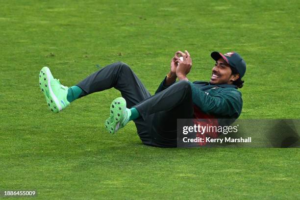 Soumya Sarkar of Bangladesh takes a catch during game one of the Men's T20 International series between New Zealand and Bangladesh at McLean Park on...