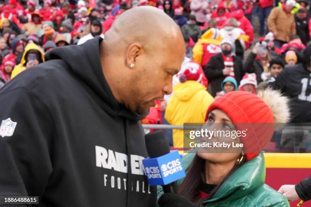 Las Vegas Raiders coach Antonio Pierce is interviewed by CBS Sports sideline reporter Tracy Wolfson during an NFL football game against the Kansas...