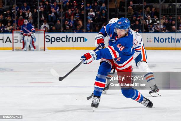 Will Cuylle of the New York Rangers shoots the puck against the Edmonton Oilers at Madison Square Garden on December 22, 2023 in New York City.