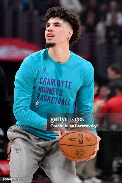 LaMelo Ball of the Charlotte Hornets warms up prior to a game against the Los Angeles Clippers at Crypto.com Arena on December 26, 2023 in Los...