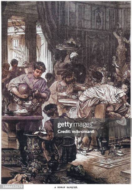 old engraved illustration of a roman banquet - antiquité romaine photos et images de collection