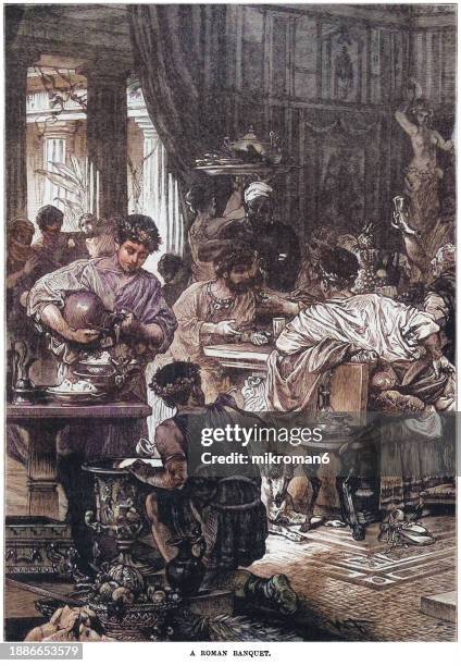 old engraved illustration of a roman banquet - ancient rome food stock pictures, royalty-free photos & images