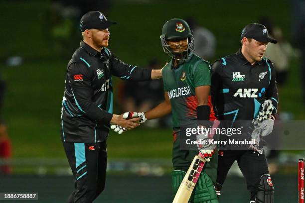 Shak Mahedi Hasan of Bangladesh at the end of game one of the Men's T20 International series between New Zealand and Bangladesh at McLean Park on...